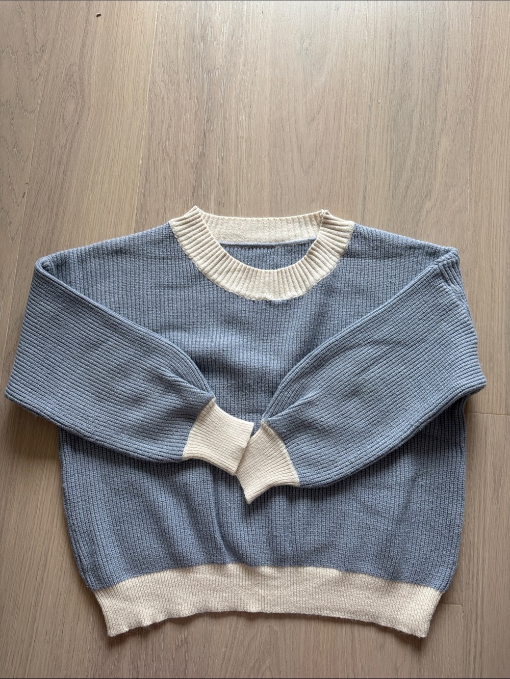 women’s Blue Crewneck Sweater with Cream Trim